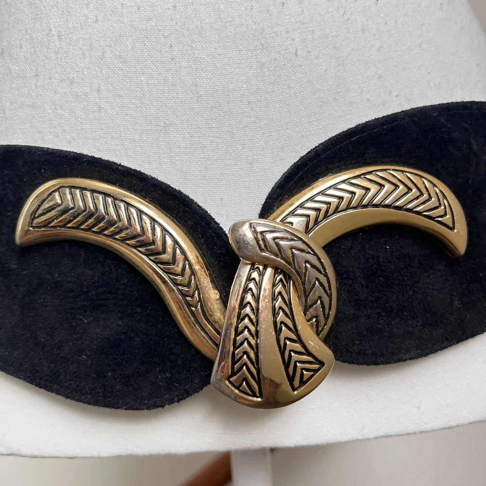 Vintage 80s Statement Belt Black Suede Leather Gold Ornate Buckle Wide Thick